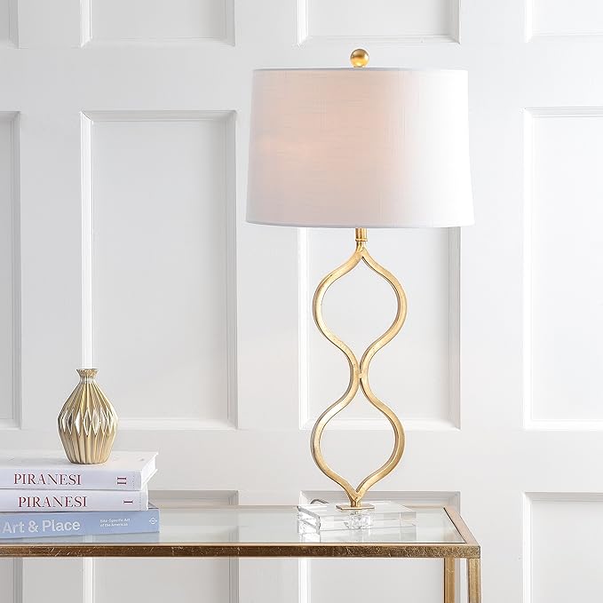 JONATHAN Y 31.5" Gold Curved Metal and Crystal Table Lamp, Modern Glam Bedside Lamp with White Linen Drum Shade for Living Room and Bedroom, LED Bulb Included JYL3028A