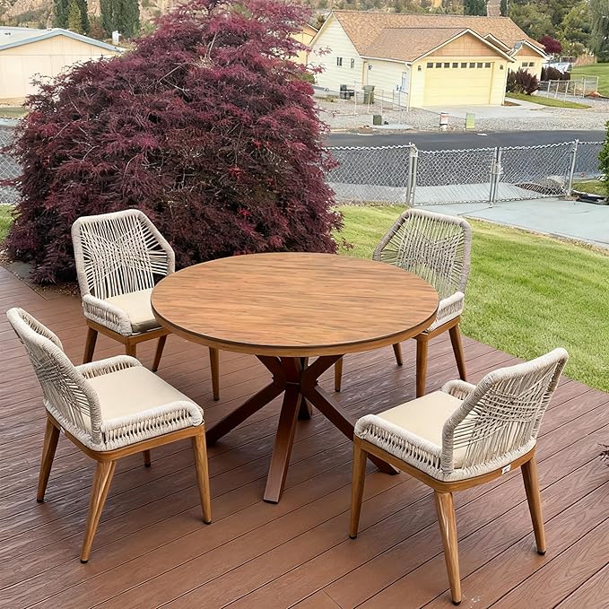 PURPLE LEAF 5 Pieces Round Dining Set Patio Aluminum Modern Oversize Round Table and Wicker Chairs with Cushions for Kitchen Porch Garden Outdoor Furniture Sets