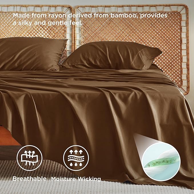 Bedsure Queen Sheet Set, Rayon Derived from Bamboo, Cooling Sheets, Breathable & Soft, Deep Pocket Up to 16 Inches, Hotel Luxury Silky Bedding for Hot Sleepers, Brown