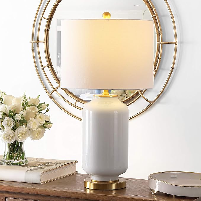 SAFAVIEH Lighting Collection Amaia Modern Contemporary White Glass 26-inch Bedroom Living Room Home Office Desk Nightstand Table Lamp (LED Bulb Included)
