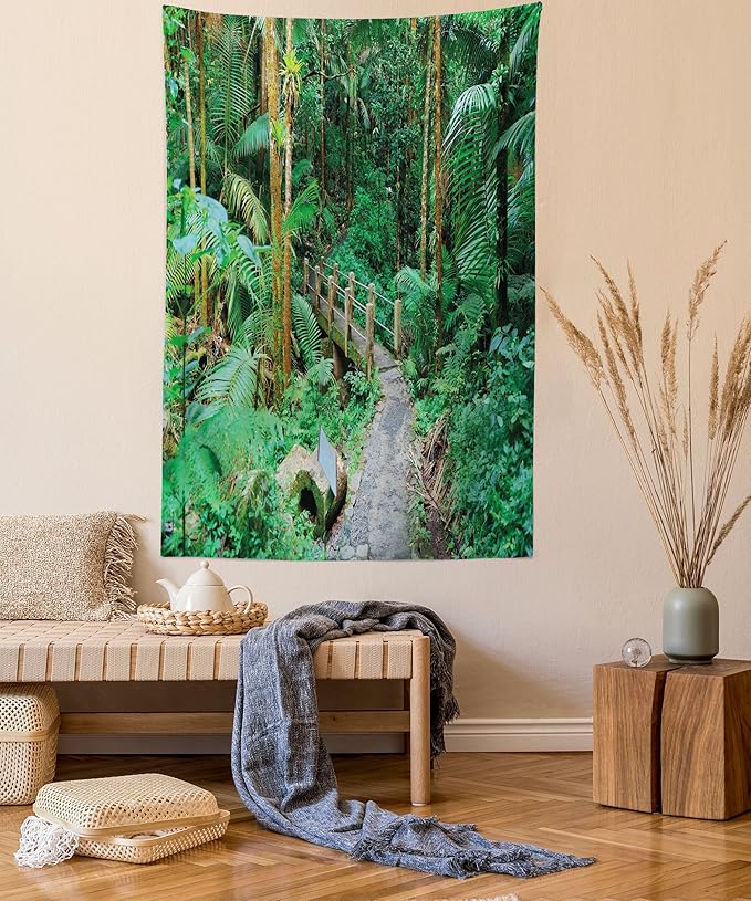 Ambesonne Puerto Rico Tapestry Twin Size, Tropical Rain Forest in San Juan Exotic Jungle Nature Photography, Wall Hanging Bedspread Bed Cover Wall Decor, 68" X 88", Green Pale Brown Ginger