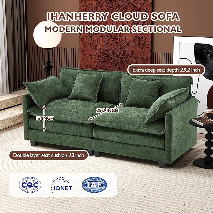 Ihanherry Cloud Sofa 77 Inch Loveseat, Modern Sectional Couch, 2-Seats Sofa for Living Room Bedroom and Apartment, Comfy Double Layer Upholstered Seat Cushion, Breathable Chenille Fabric, Green