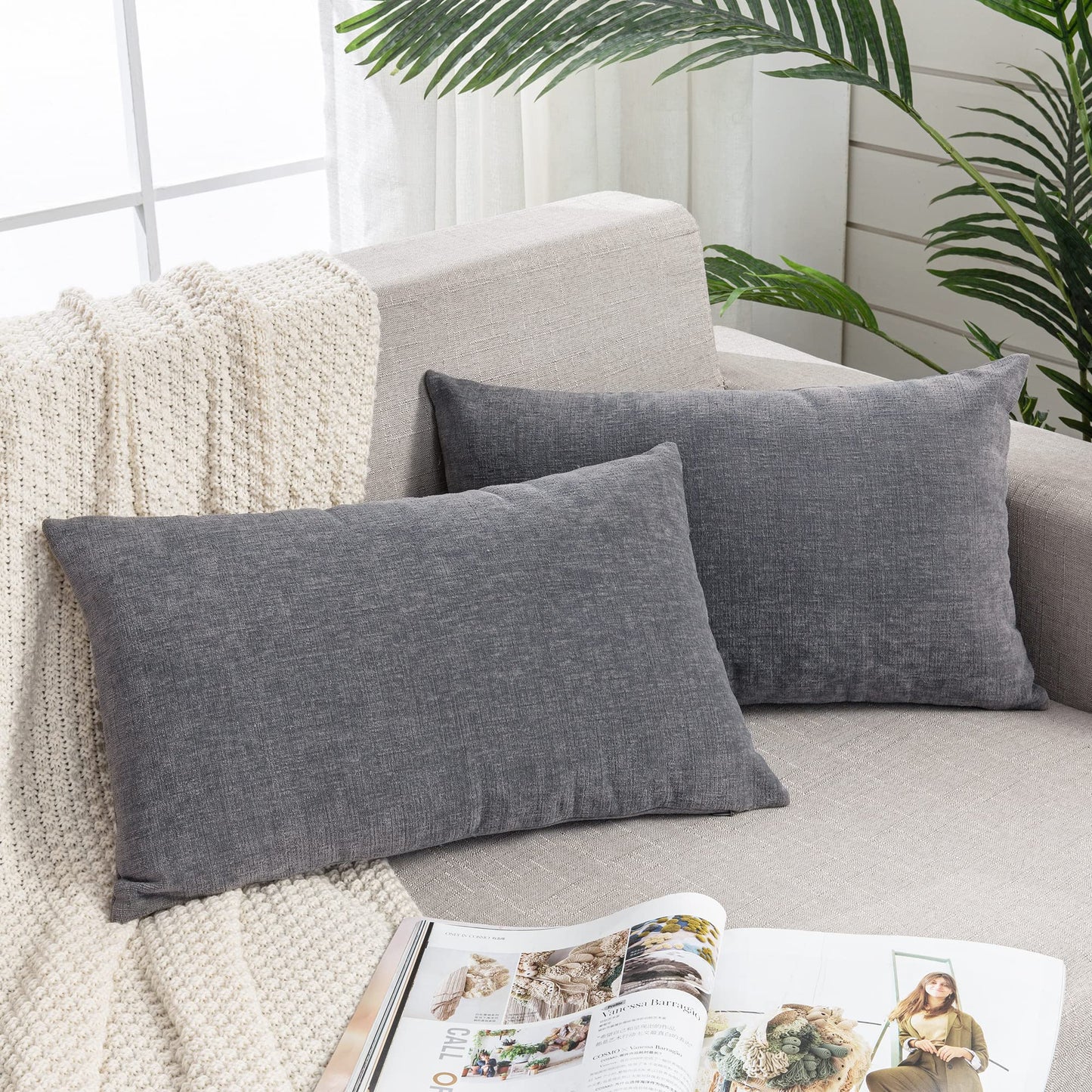 GAWAMAY Lumbar Support Pillow Decorative Rectangle Throw Pillow Covers 12"x20" Inch Set of 2, Soft Chenille Fall Pillowcase for Living Room Bedroom Sofa Couch Cushion Cover Grey 30x50cm (No Insert)