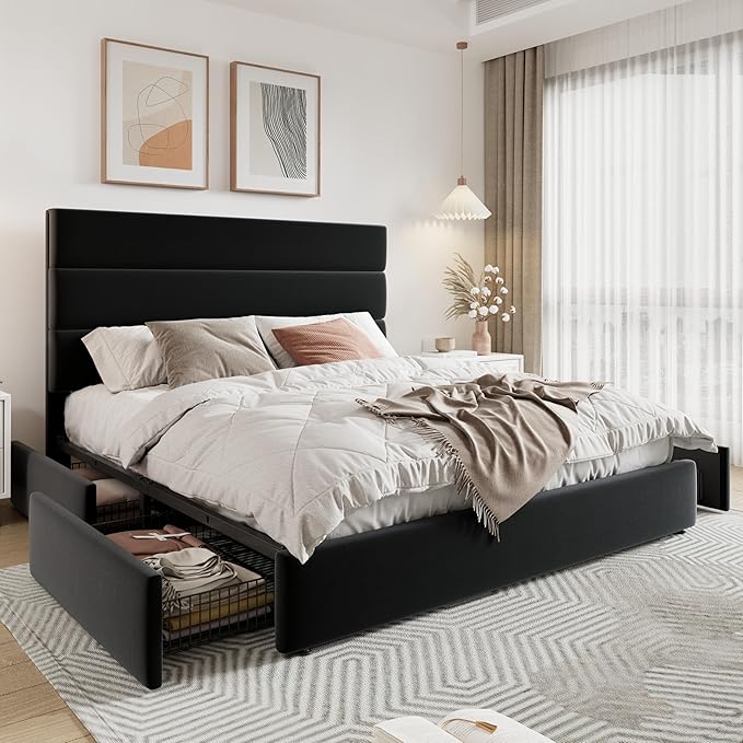 Allewie Modern Queen Size Platform Bed Frame with 4 Storage Drawers and Velvet Upholstered Headboard, Wooden Slats Support, Upholstered Mattress Foundation/No Box Spring Needed/Easy Assembly, Black