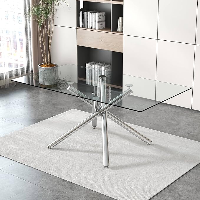 Modern Glass Dining Table for 6-8,Rectangular Glass Kitchen Table with Tempered Glass Tabletop and Silver Chrome Metal Legs for Kitchen Dining Room (Silver)