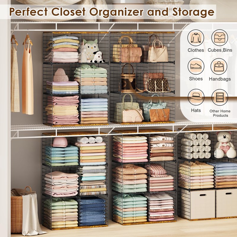 Free-standing Sturdy Tall 6-Cube Closet Organizer Storage Wire Basket Shelf with Wood Top for Wardrobe Bedroom Closet, Stackable Space-saving Clothing Shelves for Clothes, Sweaters, Pants, Handbags