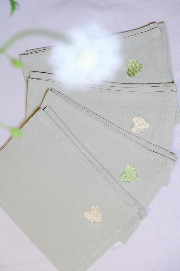 100% Linen Napkins Set of 4 -Sage Green Cloth Dinner Napkins, Embroidered, Washable and Reusable, Elegant Table Decor for Summer Dining, Wedding & Special Occasions, 17.7 x 17.7 Inch