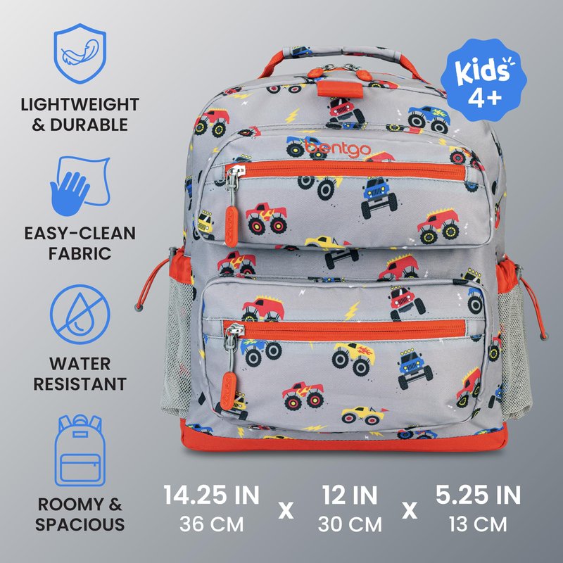 Bentgo Kids Backpack - Lightweight 14” Backpack in Fun Prints for School, Travel, & Daycare, Ideal for Ages 4+, Roomy Interior, Durable & Water-Resistant Fabric, & Loop for Lunch Bag (Trucks)
