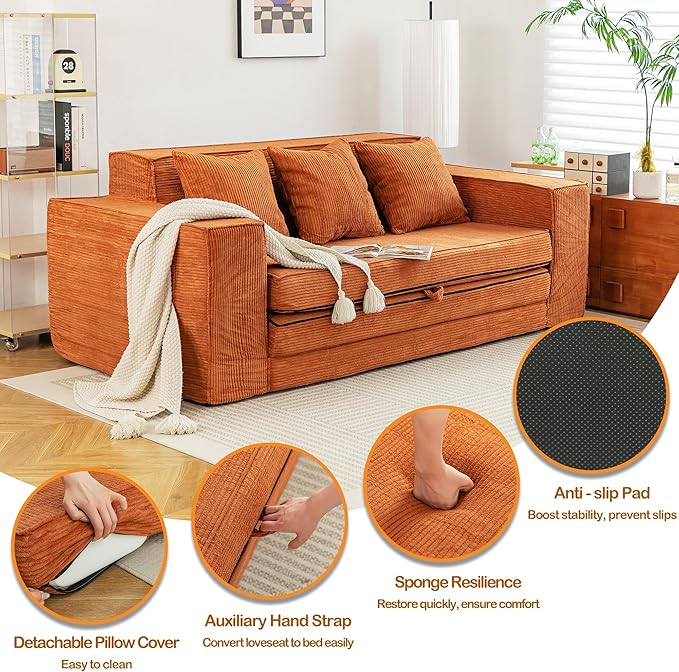 HOMREST Convertible Memory Foam 3-seat Sofa & Loveseat, Pull Out Sleeper Sofa Bed, 2 in 1 Folding Couch Bed, Fold Out Floor Couch Corduroy Fabric with Pillows for Living Room Bedroom Lounge(Brown)