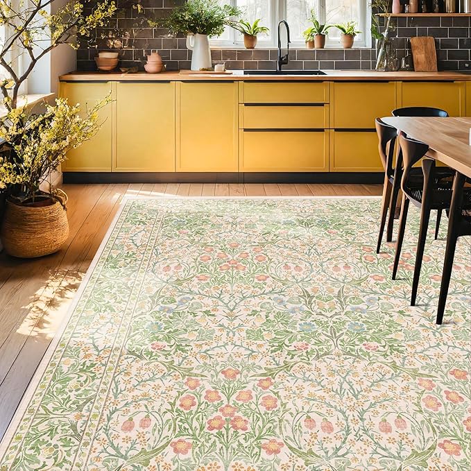 Vintage Washable Beige Green 10x12 Rug for Living Room - Extra Large Area Rug for Dining Room Under Table, Soft Low Pile Carpet for Bedroom - Botanical Forest Floral Design