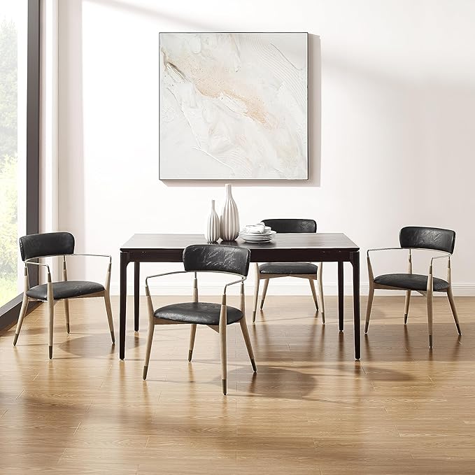 Art Leon Dining Chairs Set of 4 - Mid Century Modern Dining Room Chairs, Faux Leather Upholstered Accent Arm Chair with Open Backrest, Wishbone Chair with Wood Legs, Black, CC084