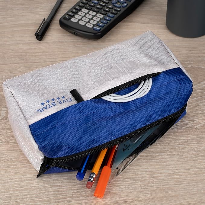 Five Star Pencil Pouch 9-Pocket Zipper Storage Organizer Case for Office Supplies Earbuds Chargers Cables Makeup, Tan/Blue (505600C)