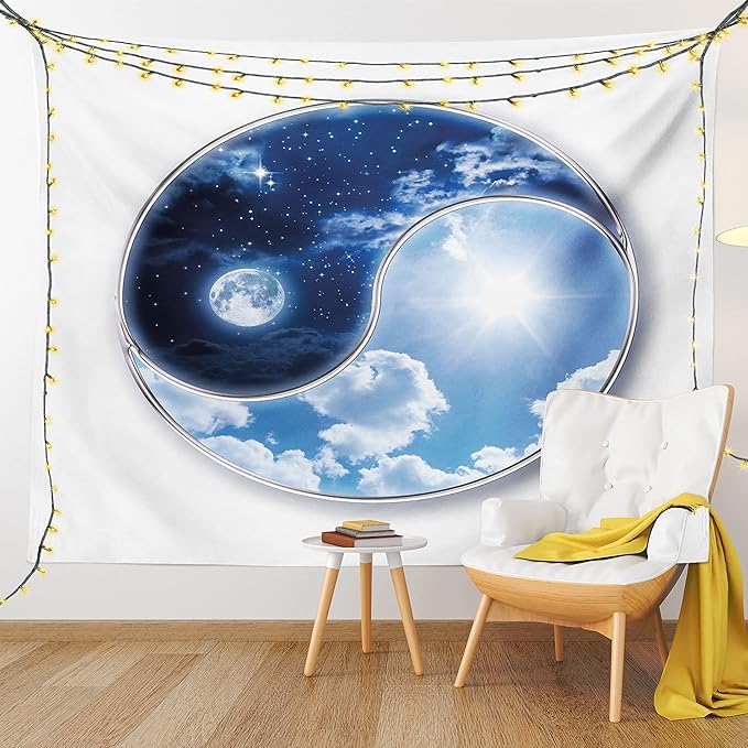Ambesonne Space Tapestry, Yin Yang World Moon and Sun Harmony of the Universe Art Print, Fabric Wall Hanging Decor for Bedroom Living Room Dorm, 28" X 23", Navy Blue Sky Blue White