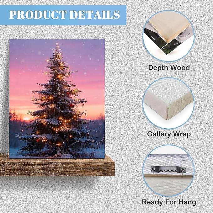 Framed Christmas Pictures Wall Decor,Vintage Pine Tree Prints,Winter Christmas Canvas Wall Art Decoration for Bedroom Bathroom Living Room Rustic Xmas Holiday Gifts (Christmas Tree 10, 12'' X 16'')