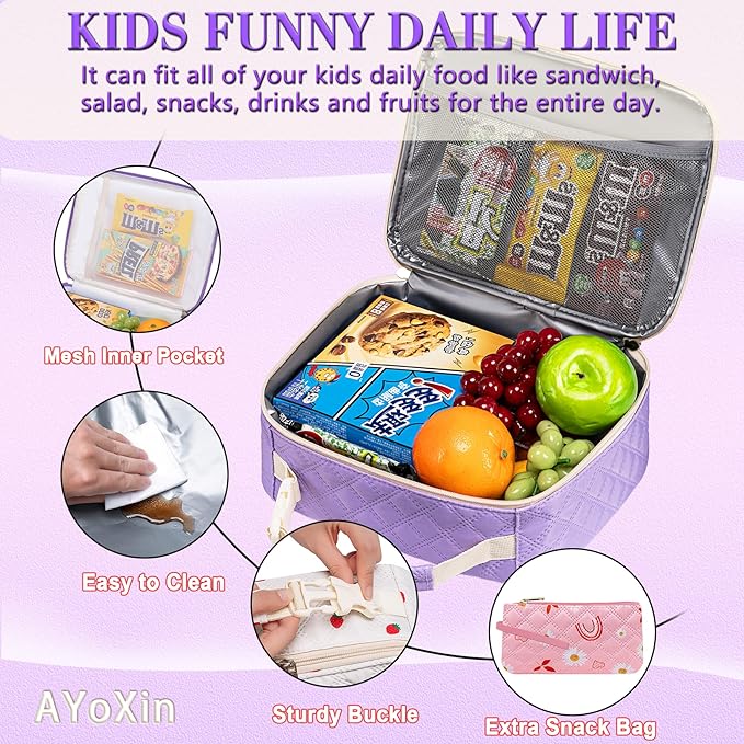 Rainbow Lunch Bag Pink for Girls Lonchera Para Niños Daisy Reusable Lunch Box with Reusable Snack Bag Back to School Lunch Kit
