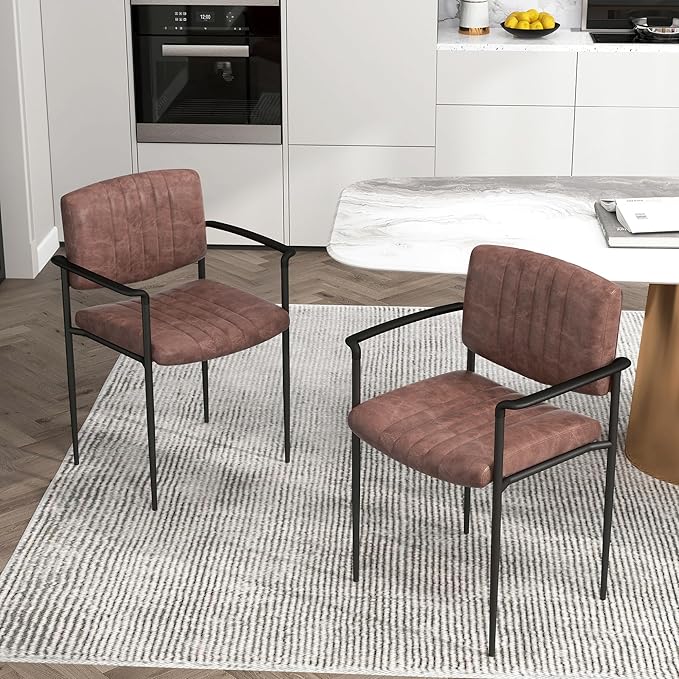 Mid-Century Modern PU Leather Dining Chairs Set of 2, Upholstered Kitchen Chairs with Arms and Metal Legs Adjustable Feet for Kitchen Dining Room(Brown)