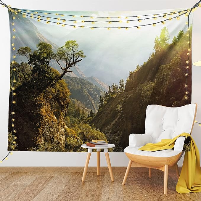 Ambesonne Landscape Tapestry Queen Size, Forest Nepal Himalaya Mountains Sunlight Majestic Scenery Nature Photo, Wall Hanging Bedspread Bed Cover Wall Decor, 88" X 88", Green Pale Yellow