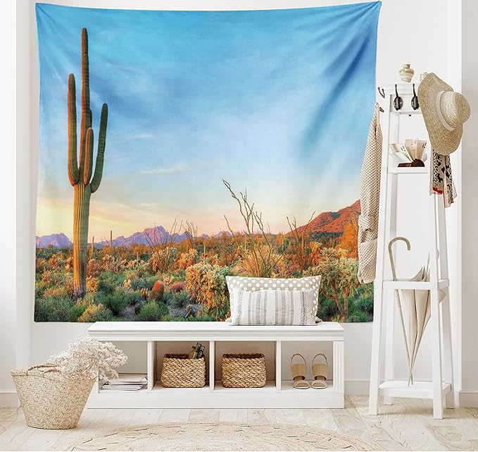 Ambesonne Saguaro Tapestry King Size, Sun Goes down in Desert Prickly Pear Cactus Southwest Texas National Park, Wall Hanging Bedspread Bed Cover Wall Decor, 104" X 88", Orange and Blue
