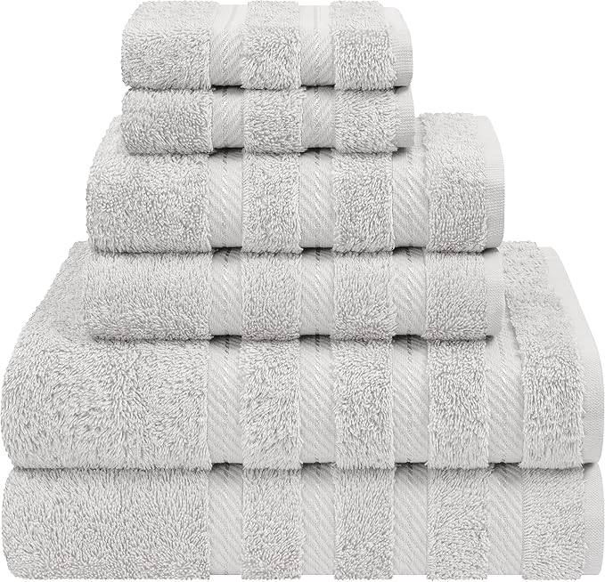 American Soft Linen Luxury 6 Piece Towel Set, 2 Bath Towels 2 Hand Towel 2 Washcloths, 600 GSM 100% Cotton Turkish Towels for Bathroom, Silver Grey Towel Sets