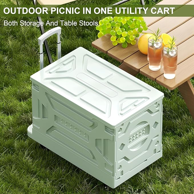 VECELO Foldable Shopping Cart with Wheels, Collapsible Rolling Crate for Groceries, Folding Storage Box with Handle, Three Modes of Use, Ideal for Teacher, Trip, Outdoors, Etc., 23GAL, Green