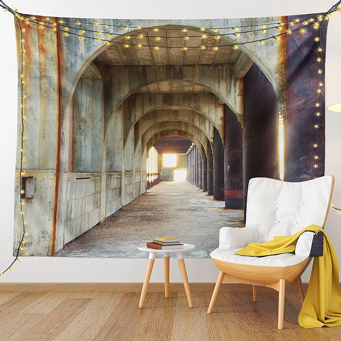 Ambesonne Urban Tapestry, Corridor of Concrete Pillars Structure Urban Industrial Rustic Style Art, Fabric Wall Hanging Decor for Bedroom Living Room Dorm, 45" X 30", Brown Purple