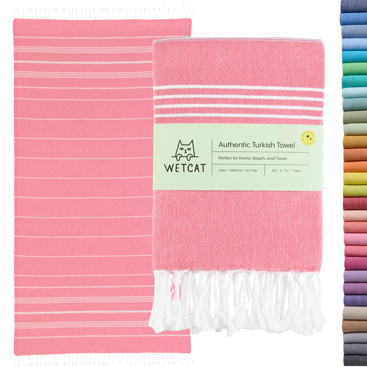 WETCAT Turkish Beach Towel Oversized (38"x71") 100% Turkish Cotton, Made in Turkey - Sand Free, Extra Large, Ultra Soft, Quick Drying, Compact & Lightweight for Travel - Pink