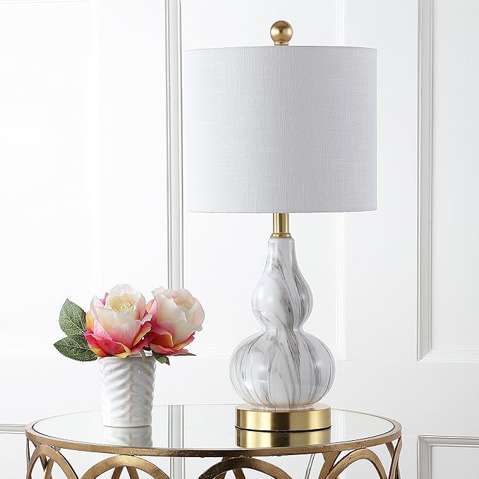 JONATHAN Y 20.5" Black/White Glass Table Lamp, Modern Gourd Bedside Nightstand Lamp for Bedroom, Living Room, White Linen Shade, LED Bulb Included (JYL1028D)
