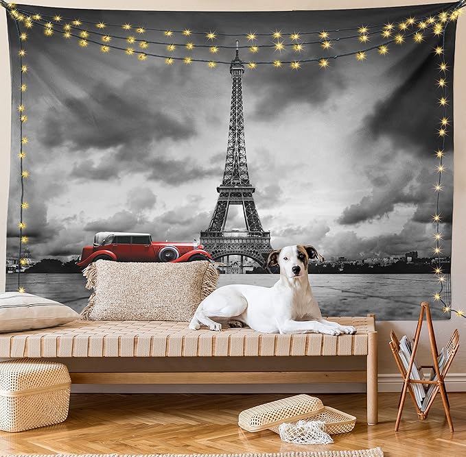 Ambesonne Eiffel Tower Tapestry, Image of Eiffel Tower Paris France Vintage Car Street Dark Clouds, Fabric Wall Hanging Decor for Bedroom Living Room Dorm, 28" X 23", Black Red