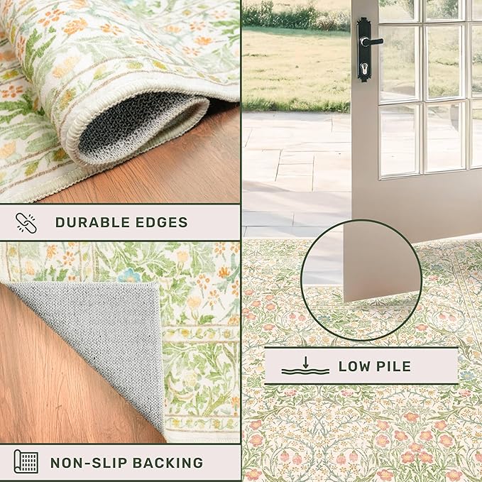 Light Beige Green Living Room Rug, 6x9 Washable Area Rug for Kids Room, Bedroom, Nursery Room, Living Room, Dining Room, Low Pile Non-Slip - Vintage Design & Stain Resistance