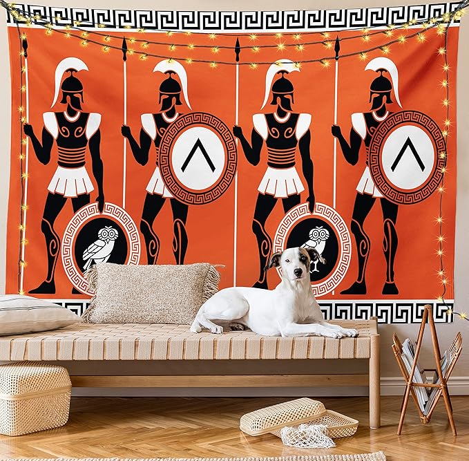 Ambesonne Retro Tapestry King Size, Historical in Greece Theme Cultures, Wall Hanging Bedspread Bed Cover Wall Decor, 104" X 88", Orange Black White