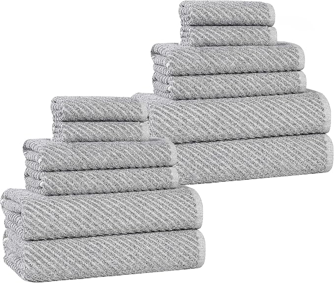 Superior Amelia Viscose Cotton Blend Medium Weight Towels, for Bathroom, Shower, Spa, Plush, Quick Dry, Ultra-Soft Towels, Bath Essentials, Ribbed Design, 12 Piece Assorted Towel Set, Charcoal