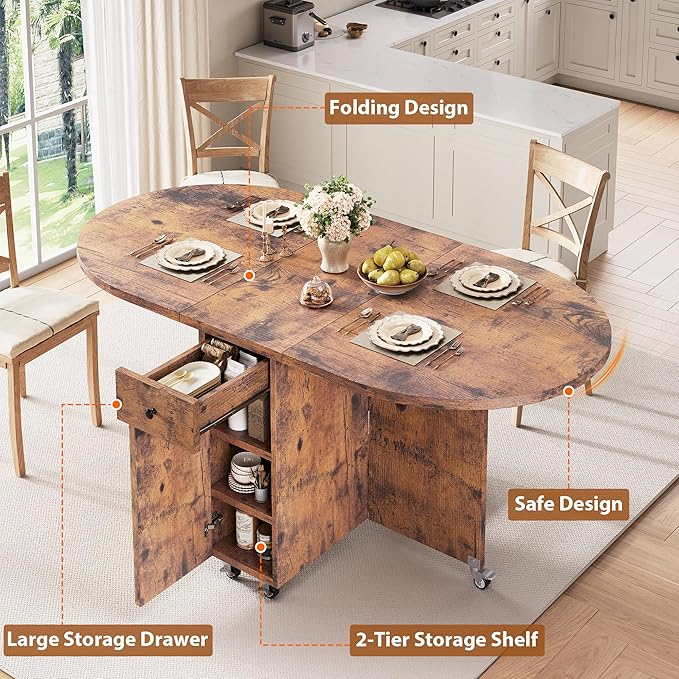Folding Dining Table for 4 Kitchen Dining Room DinnerTable with Storage Drawer Space Saving Oval Foldable Drop Leaf Gateleg Furniture for Small Space (Vintage, 47 * 23.6 * 30)