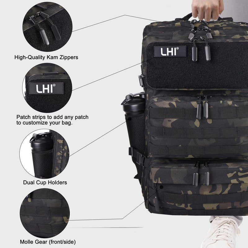 LHI Military Tactical Backpack for Men and Women 50L Army 3 Days Assault Pack Bag Large Rucksack with Shoe Compartment - Black CP