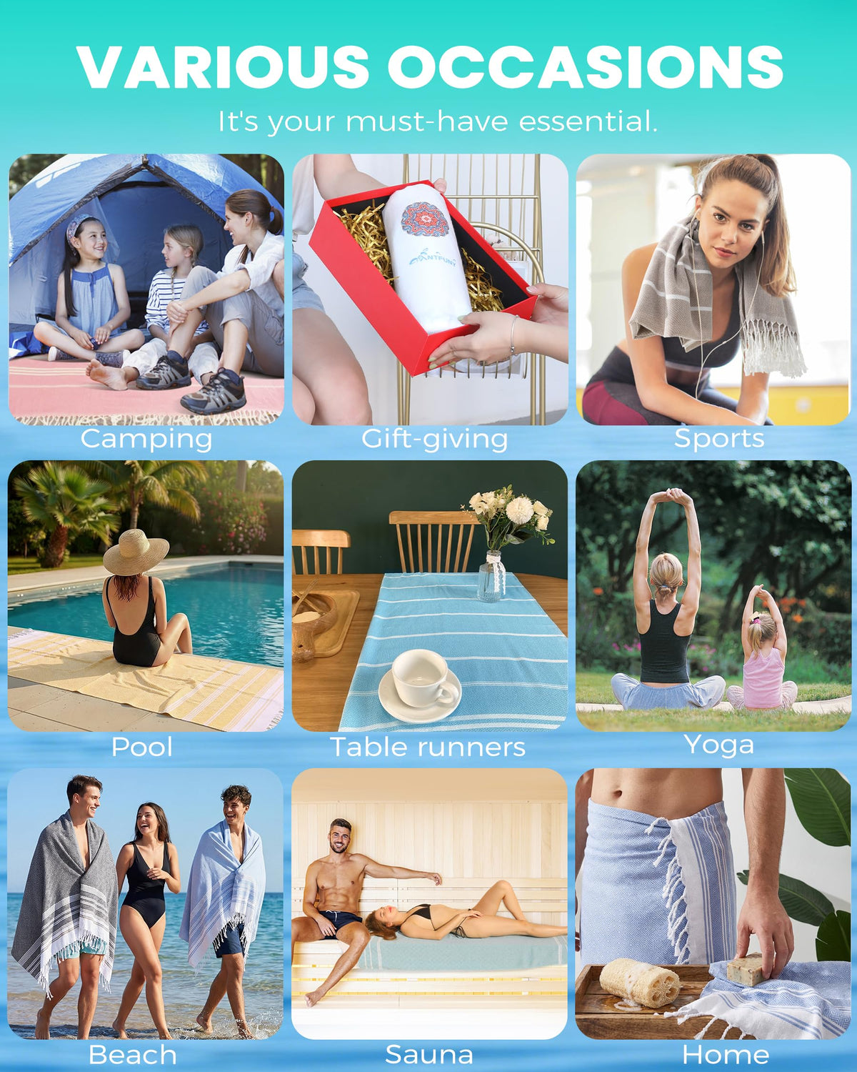 Antfuny 2 Pack Turkish Beach Towels Vacation Essentials Quick Dry Sand Free Soft Extra Large XL Blanket Adult Bath Pool Swim Towel Lightweight Thin Sandless Fast Drying No Sand Packable Foldable Blue