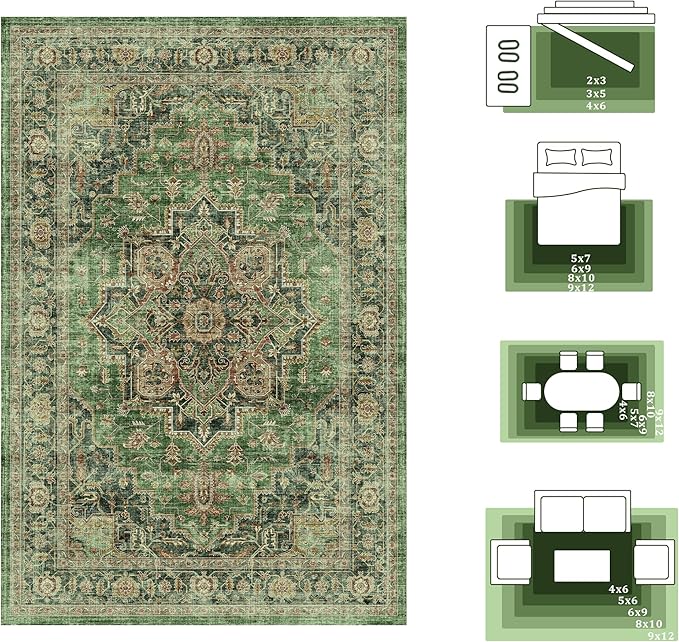 4x6 Area Rug for Bedroom Machine Washable Low Pile Vintage Distressed Rugs Stain Resistant Faux Wool Rug Ultra Soft Non-Slip Area Rugs for Living Room, Playroom, Kitchen,Home Office