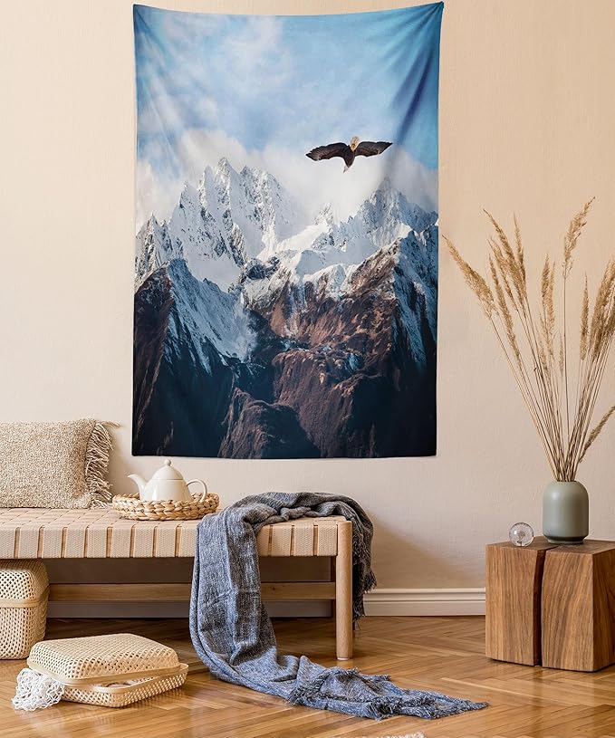 Ambesonne Mountain Tapestry, Frozen Peaks Tops of the Mountain with a Flying Eagle Free in Nature Photo, Fabric Wall Hanging Decor for Bedroom Living Room Dorm, 23" X 28", Brown White Blue