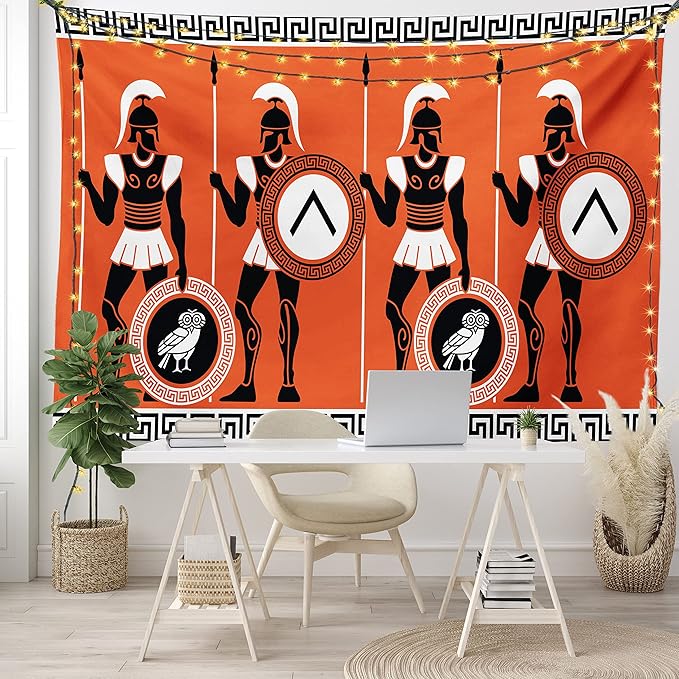Ambesonne Retro Tapestry King Size, Historical in Greece Theme Cultures, Wall Hanging Bedspread Bed Cover Wall Decor, 104" X 88", Orange Black White