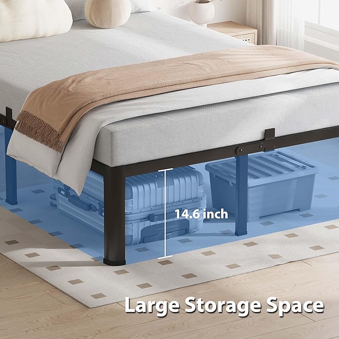 16 Inch Queen Bed Frame, 3500Lbs Heavy Duty Metal Platform with Round Corner Legs Mattress Slide Stopper, Steel Slat Support No Box Spring Needed, Noise Free, Non-Slip, Easy Assembly