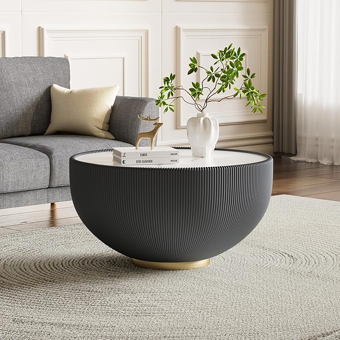 Round Coffee Table Set with Sintered Stone Tabletop, 27.56" Grey Drum Center Table and 19.69" Grey Coffee Table Set, 2 Pieces Living Room Table Set with Fluted PU Leather Cover& Metal Base