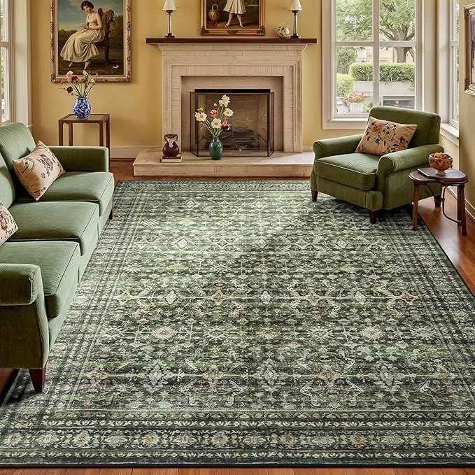 Lofus 8x10 Area Rug for Living Room,Green Washable Large Rugs with Non-Slip Backing,Soft Boho Carpets for Bedroom Dining Room Home Office Indoor Nursery