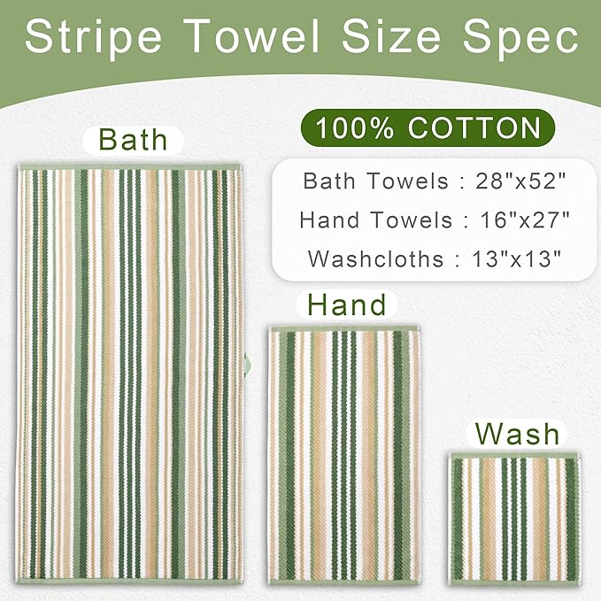 Green Bath Towels Set of 4, 28"x52" - 100% Cotton | Quick Dry | Soft | Absorbent | Lightweight, Striped Bath Towels for Bathroom & Guest, Stripe Shower Towel with Hanging Loop, Sage and Beige Stripes
