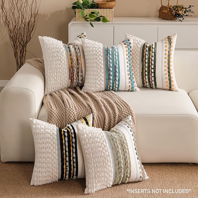 KOOLIFE Boho Chenille Tufted Couch Throw Pillow Covers 18x18 Inch Set of 2 Farmhouse Striped Decorative Pillow Covers Accent Neutral Pillowcase Dark Green Cushion Cover for Living Room Sofa Bed