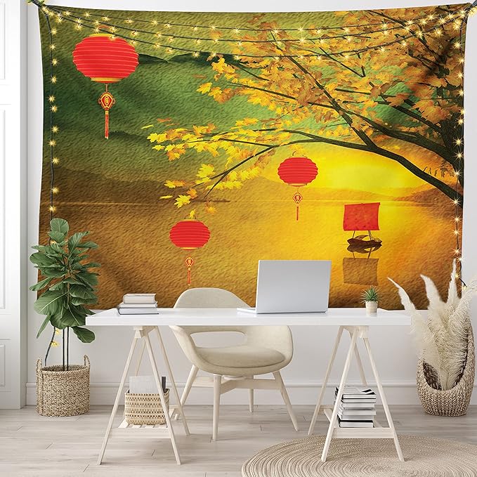 Ambesonne Oriental Tapestry King Size, Traditional Chinese Folk Hanging from Pale Fall Trees Lake Faded Nature Photo, Wall Hanging Bedspread Bed Cover Wall Decor, 104" X 88", Yellow Green