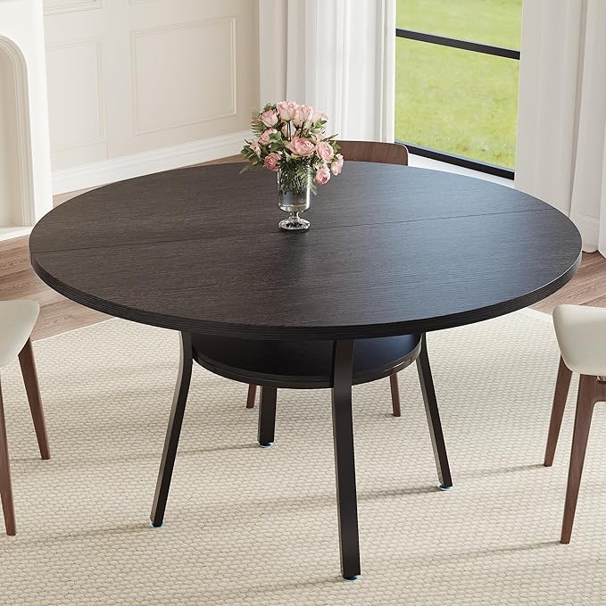 Garvee 47'' Round Dining Table for 4-6 People, Farmhouse Kitchen Dining Table, Round Dinner Table with Storage Shelf for Kitchen, Living Room (Table Only), Black