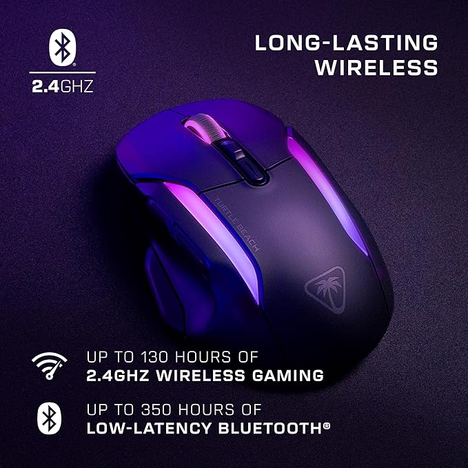 Turtle Beach Kone II Air Wireless RGB Gaming Mouse, 350-Hr Rechargeable Battery, 26000 DPI Optical Sensor, 100M Click Optical Switches, 21 Customizable Inputs, Ergonomic, 4D Scroll Wheel – Ash Black