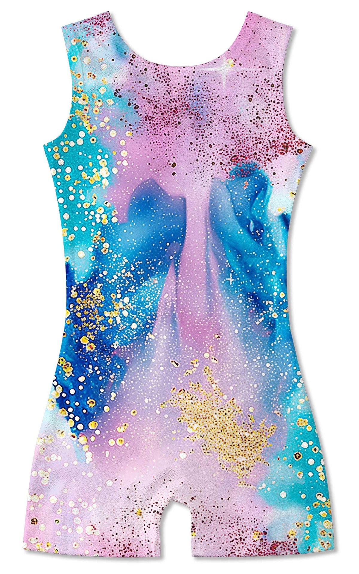 Funnycokid Gymnastics Leotards for Girls Kids Outfits Sparkly Unitards Clothes with Shorts, Diamond Blue Pink, 6-7 Years