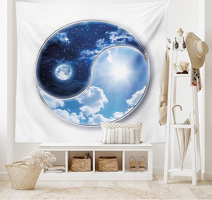 Ambesonne Space Tapestry, Yin Yang World Moon and Sun Harmony of the Universe Art Print, Fabric Wall Hanging Decor for Bedroom Living Room Dorm, 28" X 23", Navy Blue Sky Blue White