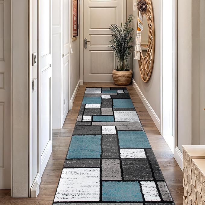 Rugshop Modern Geometric Boxes Blue Area Rug, Carpet with Jute Backing for Entryway, Kitchen, or Narrow Hall, 2' x 10'