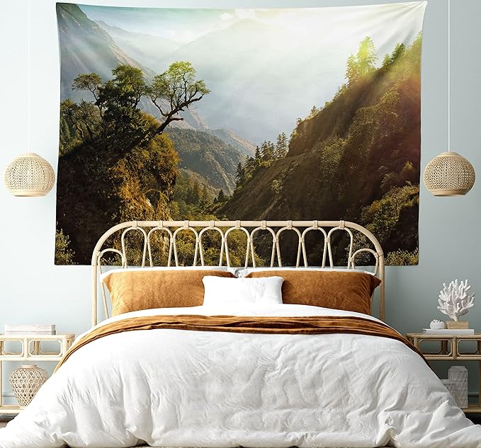Ambesonne Landscape Tapestry King Size, Forest Nepal Himalaya Mountains Sunlight Majestic Scenery Nature Photo, Wall Hanging Bedspread Bed Cover Wall Decor, 104" X 88", Green Pale Yellow