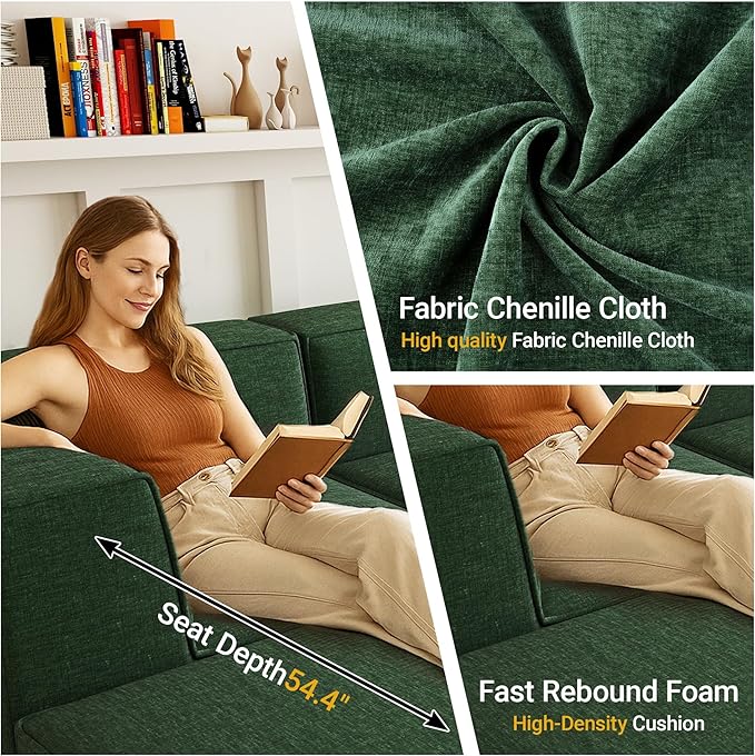 106" Sectional Compressed Sofa Modular Couches L-Shape with Chaise,High-Density Foam No Assembly Required,4-Piece(2xCorner 1xArmless 1xOttoman) for Living Room Chenille Green